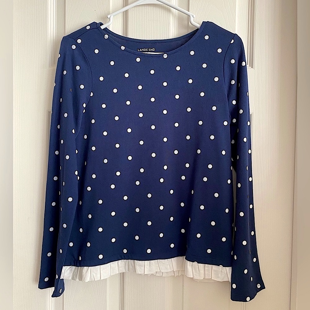 Lknew Land’s End Knit Pullover Girl’s 14 Plus Navy Dot Ruffle Trim
